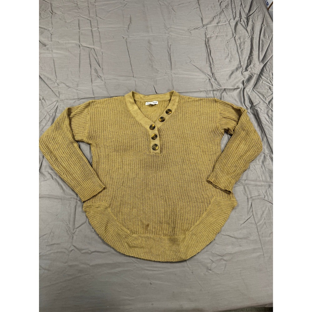 Caren Sport Womens 2X Mustard Yellow Henley Button Knit Sweater High Low Hem